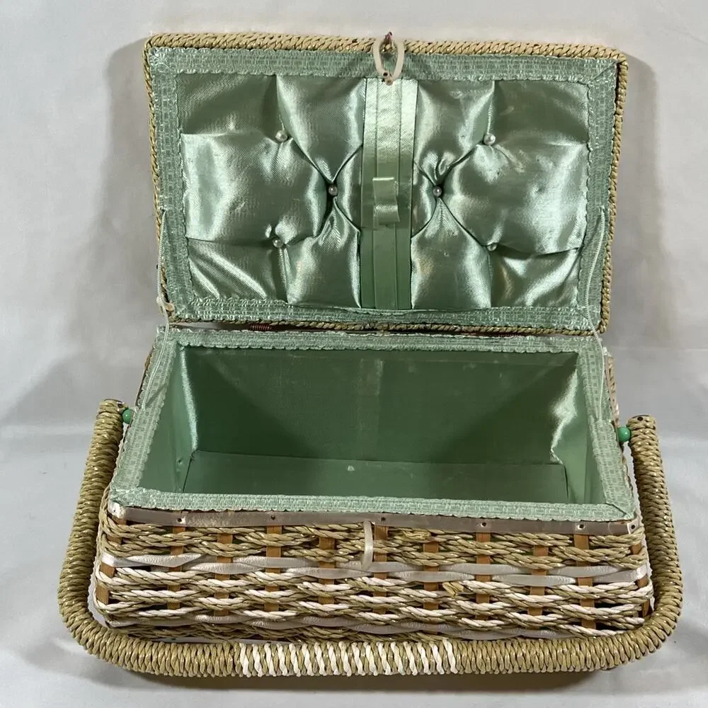 Vintage Woven Straw Wicker Sewing Basket Box Handle Satin Lining Rectangle